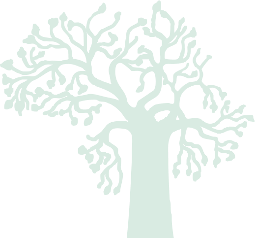 A stylized white silhouette of a baobab tree with twisting branches and small buds. With a green filter