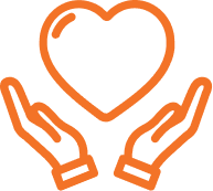Outline of two hands holding a heart in orange.