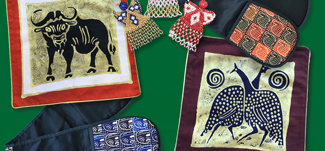 A collection of handcrafted textiles and beadwork featuring traditional African designs, including images of animals and intricate patterns.
